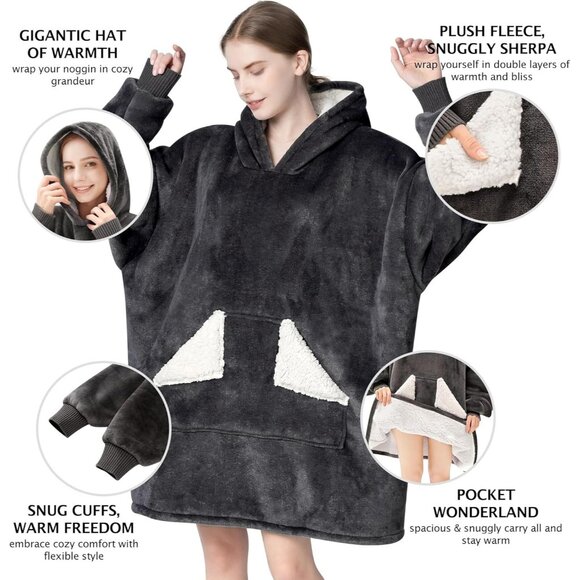 Women Oversized Sherpa Fleece Blanket Hoodie Warm Cozy Wearable Sweatshirt Grey - Picture 4 of 7